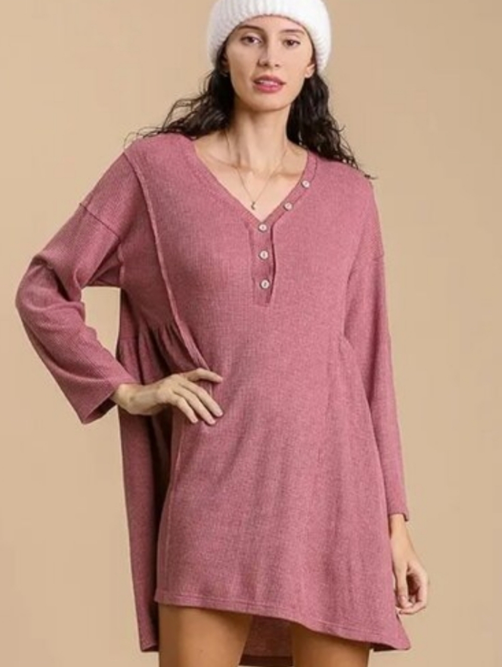 Umgee Rose Waffle Knit V-Neck Button Tunic